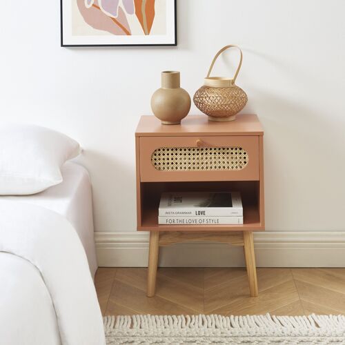 Table de chevet terracotta et cannage rotin 40cm