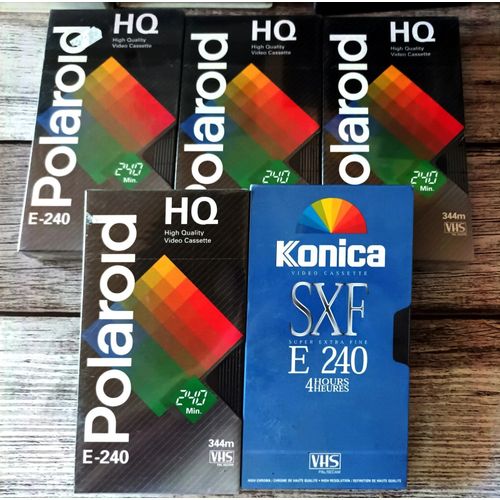 Lot de 5 VHS cassettes vidéos vierges 240 Min Polaroid+ Konica Neuve.