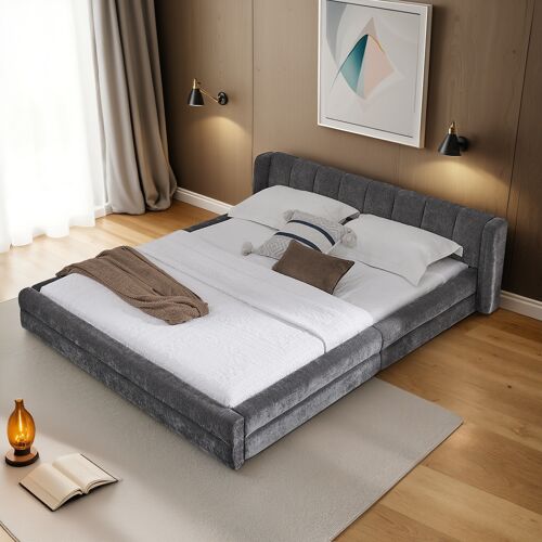 Lit double 140x200 tissu chenille dossier confortable cadre eucalyptus fer montage facile gris foncé sans matelas