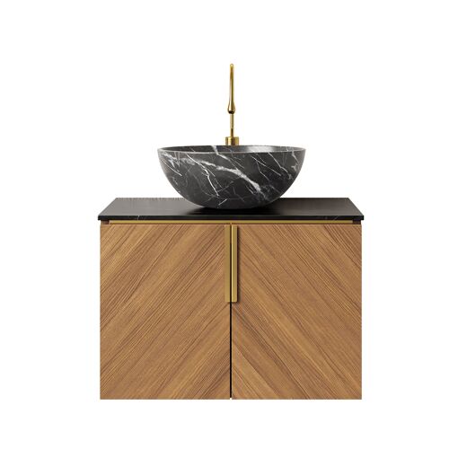 Vasque céramique noire motif pierre meuble suspendu 61 cm plan pierre frittée noire armoire contreplaqué 2 portes couleur bois espresso