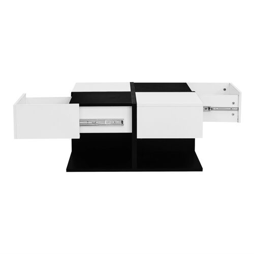 Table basse noir blanc deux tiroirs salon carrée rangement brillante rails doux