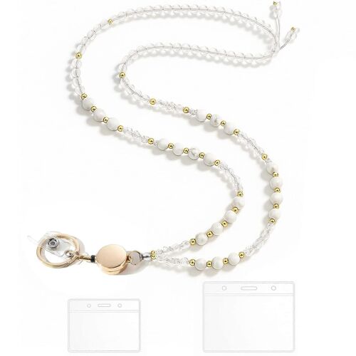 Rétractable En Pierre Naturelle Perles Longe Pour Id Détenteurs D'un Badge, D'un Élégant Clés Lanière Pour Les Femmes, Les Enseignants, Durable Et Design À La Mode