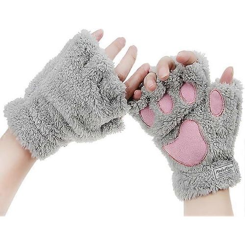 Womens Hiver Finger Moitié Gants Mitaines Avec Cartoon Griffe Conception, En Peluche Douce Coral Fleece, Épaisseur De La Chaleur, Chaîne De Fermeture