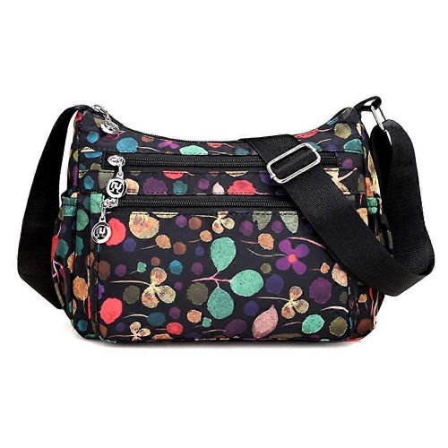 Sac bandouliere multipoches en nylon a motif floral pour femme, ideal pour les voyages (T12 floral noir).
