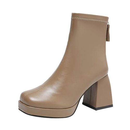 Plaine Dos Fermeture À Glissière Square Toe Chunky Talon Bottines Femmes Chaudes, Kaki