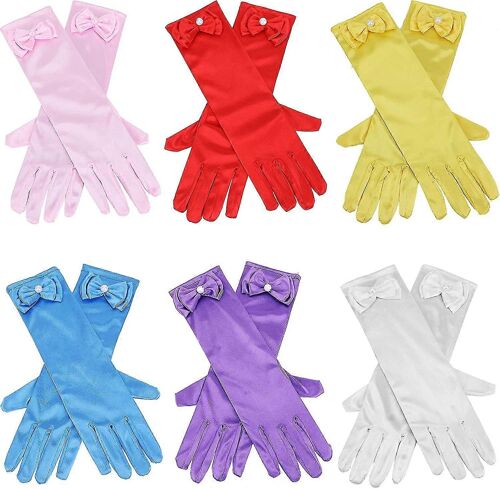 Robe De Fille De Gants De 6 Paires, Long Et Soyeux Satin Bowknot Gants Pour Les Enfants Robe De Princesse Cadeau