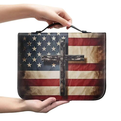 Drapeau américain de la Bible Cas, Vintage Croix Imprimer PU Couverture en Cuir de Grande Capacité Sac avec la Poignée pour l'Église de la Bible M