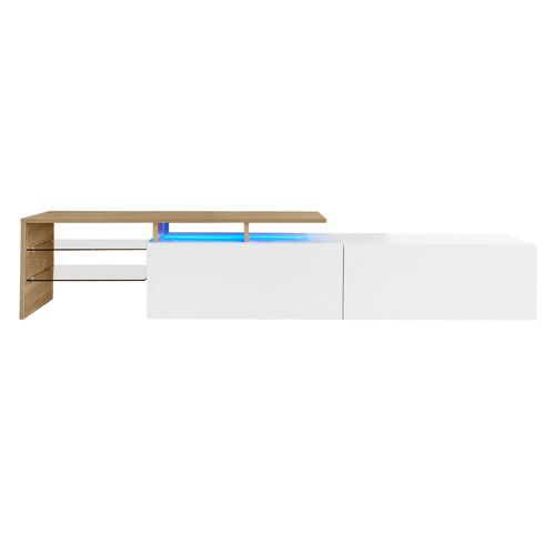 Meuble tv design moderne élégant rangement pratique blanc brillant bois étagères verre éclairage led