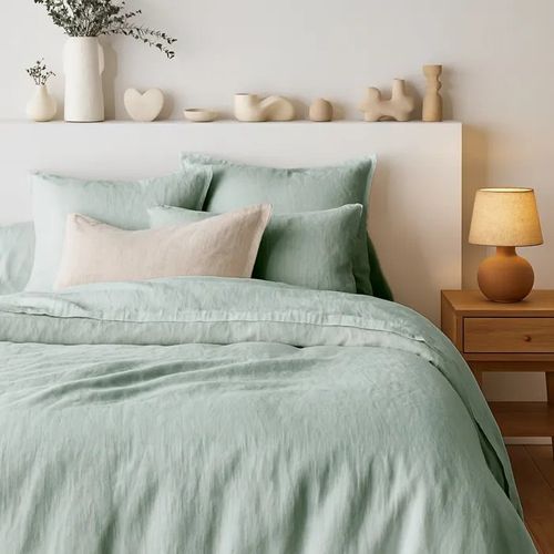 Tendance Perso - Parure De Couette 100% Pur Lin Couleur Vert De Gris - Housse De Couette 240x220 Cm Et 2 Taies 63x63 Carrées, Lin