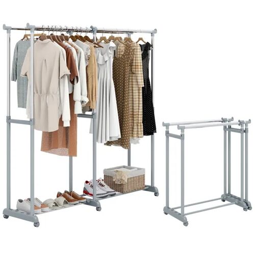 Porte Vêtements COSTWAY Double Tringle avec Roulettes Rétractable : 107-167,5 x 44 x 94-168,5 (L x l x H) Gris