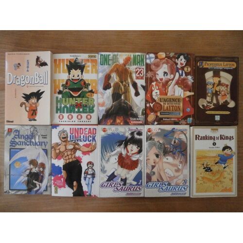 Lot 10 Manga Shonen (Dragon Ball/One Punch Man/Layton/Ranking Of Kings/Hunter X Hunter/Girls Saurus/Undead Unluck/Angel Sanctuary) Vf