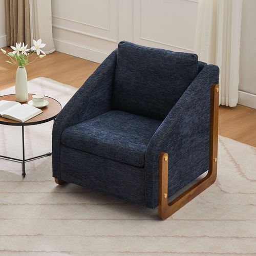 Fauteuil appoint salon lounge moderne accoudoirs bois coussin dossier tissu chenille bleu lot 1