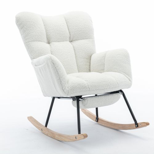 Fauteuil à bascule moderne rembourrage tissu teddy repose-pieds extensible blanc