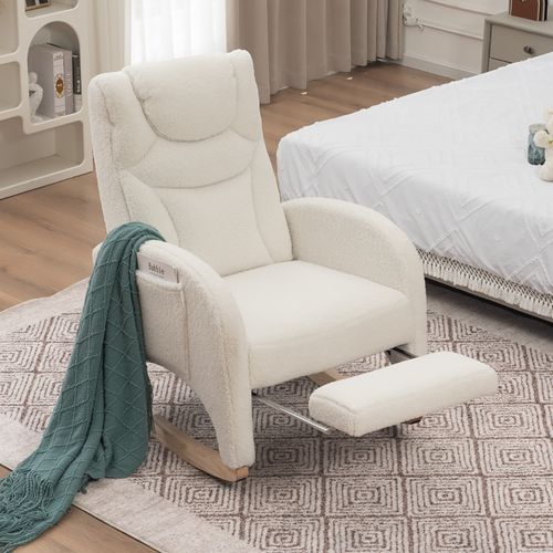 Fauteuil à bascule relax salon accoudoirs rembourré appoint chambre teddy blanc capacité 110 kg
