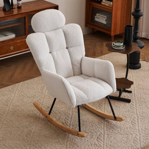 Fauteuil à bascule tissu teddy doux tufté assise rembourrée salon chambre blanc