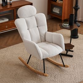 Fauteuil à bascule tissu teddy doux tufté assise rembourrée salon chambre blanc