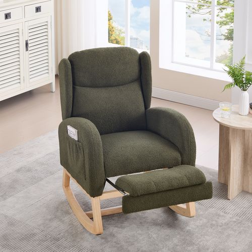 Fauteuil à bascule allaitement lounge structure bois repose-pieds réglable dossier haut teddy poche appoint chambre salon vert