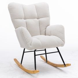 Fauteuil à bascule moderne mid century tissu teddy revêtement tufté assise rembourrée salon chambre blanc