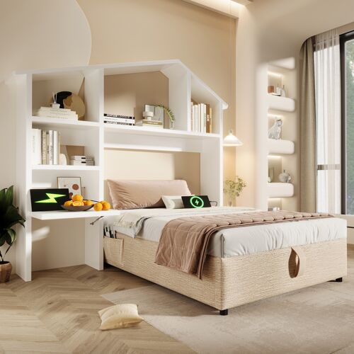 Lit coffre enfant 90x200 cm bibliothèque blanche rangement hydraulique usb-c simple couleur naturelle sommier lattes linge sans matelas