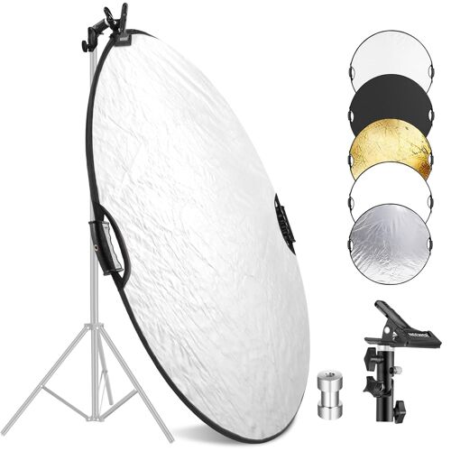 NEEWER 56cm Réflecteur Lumière avec Pince et Poignées, Réflecteur Photographie Multi-Disque Pliable 5 en 1 Translucide/Argent/Or/Blanc/Noir avec Filetage 3/8" pour Éclairage Extérieur Studio,RF-56II