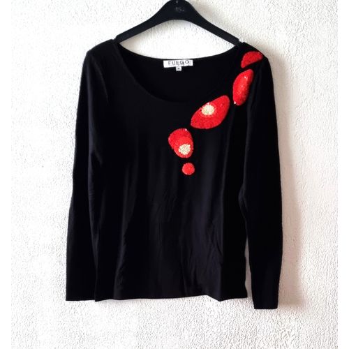 T-Shirt Fuego Taille M/38 Noir Avec Paillettes Déco Tbe