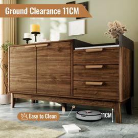 Buffet salon chêne plateau marbre étagère ouverte 3 tiroirs armoire double porte réglable hauteur pieds bois massif