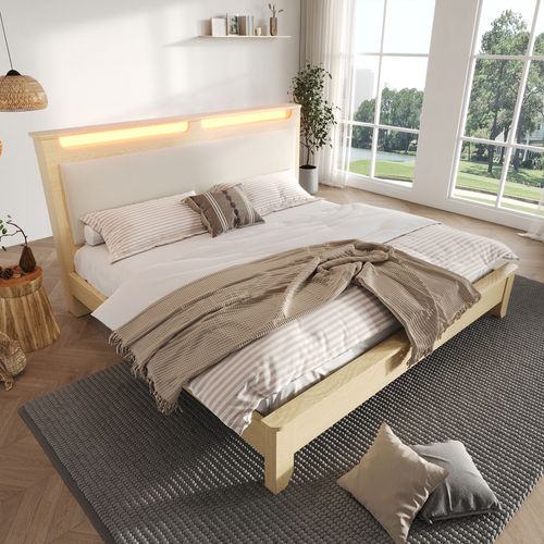 Lit double bois 140x200 cm tête lit rangement led dossier rembourré velours côtelé beige cadre lattes bois chêne clair sans matelas banquette