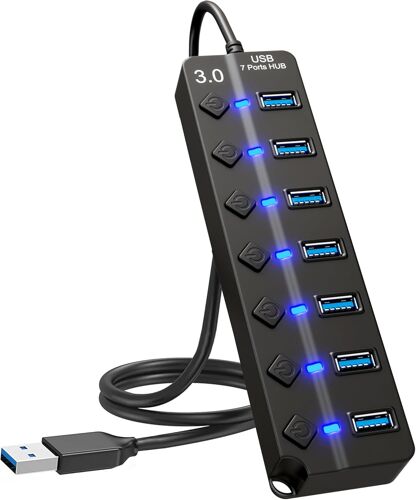 JGD-Hub USB 3.0 à 7 ports ¿ Hub multi-ports USB avec interrupteurs individuels et lumières ¿ Adaptateur répartiteur USB multiport USB haute vitesse pour PC, ordinateur portable, MacBook, clé