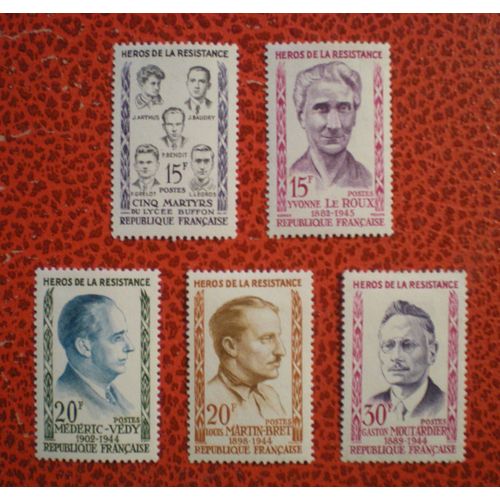 Héros De La Résistance (Iii) - Lot De 5 Timbres Neufs Sur Charnière Ou Avec Trace - Série Complète - France - Année 1959 - Y&T N°1198, 1199, 1200, 1201 Et 1202