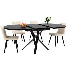 Ensemble de salle à manger 5 pièces avec table ronde extensible (100-140 cm) et 4 chaises en velours beige - Table à manger moderne pour 4 à 6 personnes avec fonction d'extension pratique