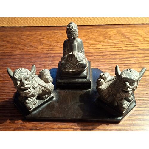 Figurines Chinoises en pierre Foo Dogs (lions gardiens) et Bouddha vintage