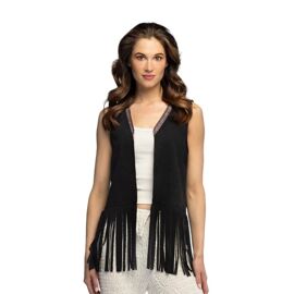Gilet Bohème Suédine Noir À Franges Hippie Femme