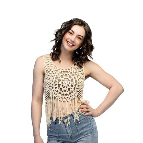 Top Bohème Soleil Beige Crocheté À Franges Femme