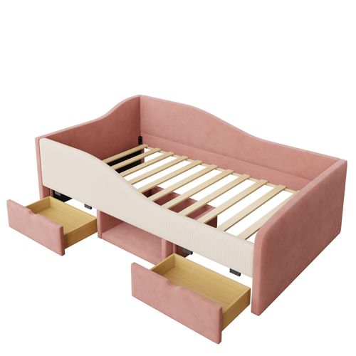 Canapé-lit, 90 x 190 cm, lit multifonctionnel avec deux tiroirs et une tringle à vêtements, tissu velours doux, matelas non inclus, rose
