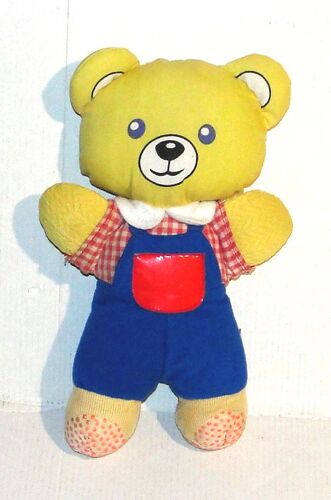 doudou ours jaune tissus pouet salopette bleu vintage 22 cm