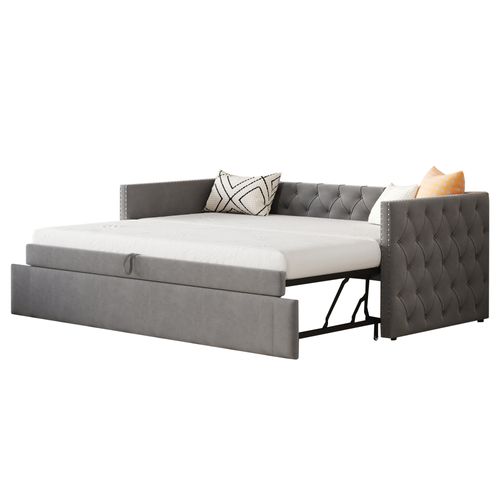 Lit rembourré, canapé-lit extensible 90*200 cm avec sommier à lattes, lit multifonctionnel/lit d'appoint, tissu velours doux pour la peau, gris (matelas non inclus)