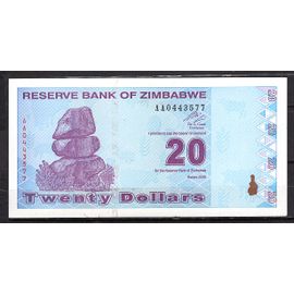Billet De Banque Zimbabwe 20 Dollars 2009 Pick 95 Neuf Unc Dimension 148 × 74 Mm