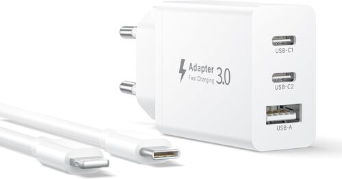 JGD-Chargeur 30W avec Câble Lightning 2M, 3 Ports Chargeur Multiple Prise USB C Charge Rapide Adaptateur Secteur USB C Charger pour iPhone 14/14 Pro/13/13 Pro Max/12/12 Mini/11/X/XS Max/XR/SE/8 Plus/