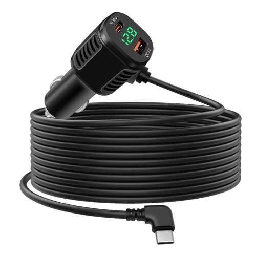 JGD-Chargeur de voiture USB C 60 W - Charge rapide avec voltmètre LED - Adaptateur allume-cigare - Double PD3.0 et QC3.0 avec câble d'extension de type C de 3,5 m pour iPhone, Samsung, iPad