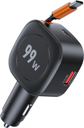 JGD-3 en 1 Chargeur Allume Cigare USB C, 99W Ultra Compact Charge Rapide Chargeur Voiture avec 45W Câble Type-C Rétractable, PD3.0& QC 3.0, Voyage Car Accesoire 12V/24V pour iPhone 17/16/15/14/Galaxy