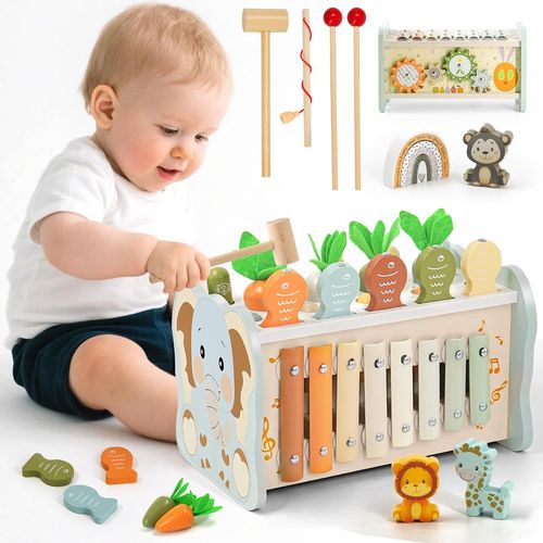 JGD-Jouet Montessori 1 an, 6 en 1 Jouet en Bois Bebe 1 an avec Xylophone Bebe,Jeu De Taupe, Jeu Pêche, Jeux d'engrenage, Jeux Enfant d'activité Cadeau Anniversaire Noël 1 2 3 Ans Garcon Fille