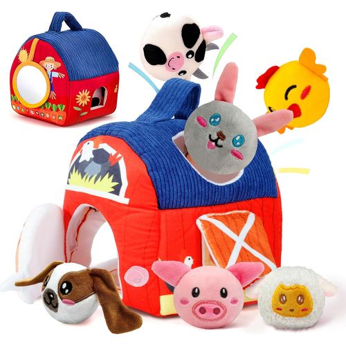JGD-Jouet Bébé 6 Mois Ferme Montessori en Tissu avec 6 Animaux à Hochet & Miroir ¿ Jouet Sensoriel d¿Éveil 6¿12 Mois, Peluche Activité Bébé Garçon Fille, Cadeau 1¿3 Ans, Anniversaire & Noël