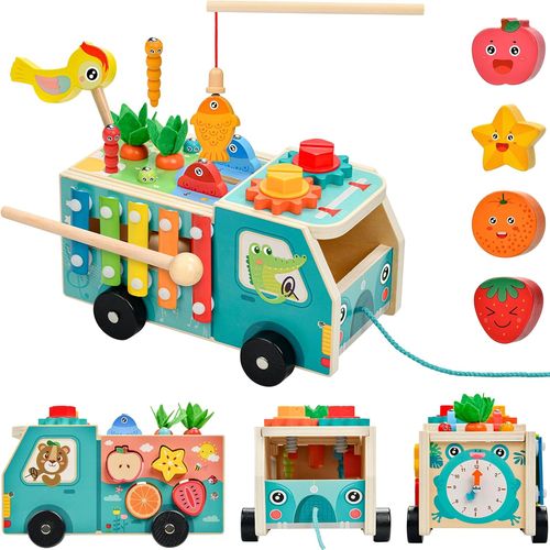 JGD-Tracteur Cube d'Activites en Bois 5 en 1 avec Xylophone Attrape Insectes Arrache Radis et Trieur Formes Jouet Educatif Enfant 1 2 3 Ans Cadeau Ferme Garcon Fille