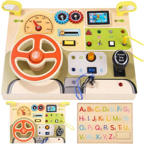 JGD-Montessori Busy Board 1 an Enfants Activity Board Jouets en Bois avec Volant Simulé et Interrupteurs Lumineux à LED Jouets Sensory Jeux Jeu Montessori Jouet Bebe 1 2 3 Ans Cadeau Enfant