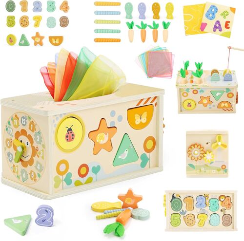 JGD-Jeux Montessori 1 an, 6 en 1 Jouet en Bois Boîte à Mouchoirs avec Engrenages, Jeu de Pêche et Tri de Formes, Montessori Sensoriel pour Bebe 12+Mois, Cadeau pour Filles et Garçons de 1 2 3 Ans