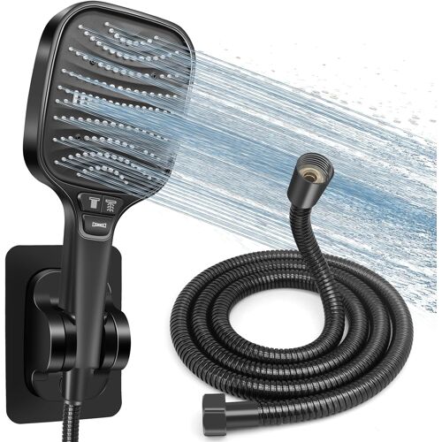 SUBZONAL-Kit Douche Haute Pression, Pommeau de Douche Anti-Calcaire 120mm 8 Modes + Tuyau 1.5m Inox + Support Sans Perçage, Douchette Économie d'Eau, Compatible Salle de Bain(Noir)