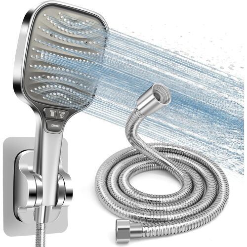 JGD-Kit Douche Haute Pression, Pommeau de Douche Anti-Calcaire 120mm 8 Modes + Tuyau 1.5m Inox + Support Sans Perçage, Douchette Économie d'Eau, Compatible Salle de Bain(Argent)