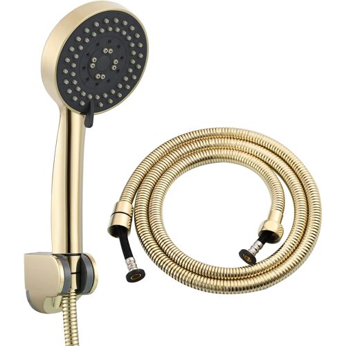 JGD-BS144F Set de douche en plastique 5 types de jet avec tuyau rond de 1,5 m et support, zirconium, doré