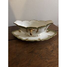 Vintage Saucière Verte À Dorures En Porcelaine De Limoges