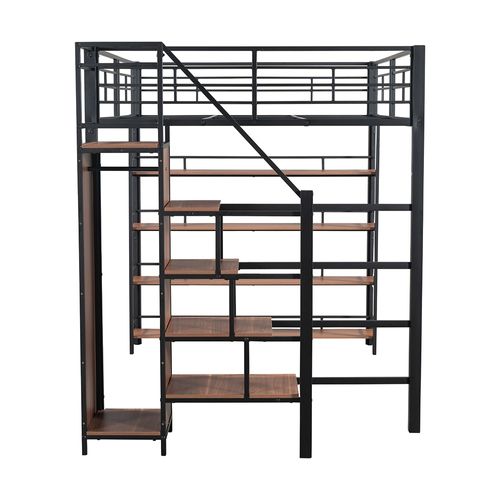 Lit d'enfant high sleeper 140x200 cm avec marchepied de sécurité, rangement et petite armoire noir